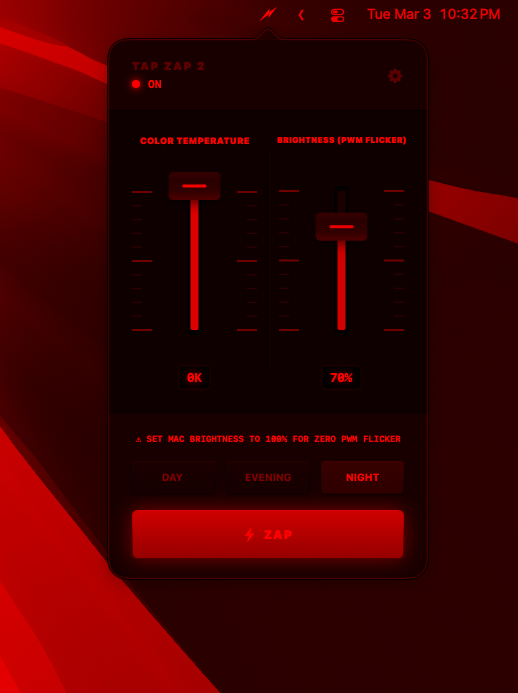 Tap Zap at 0K — slider at zero, entire screen pure red
