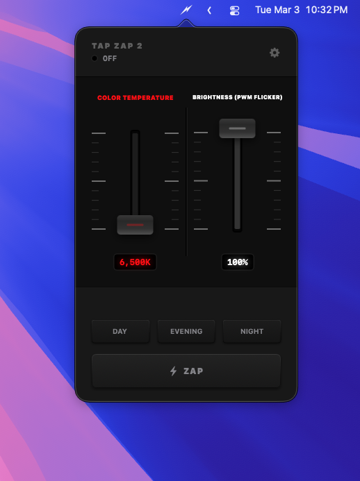 Tap Zap app off — slider at 6,500K neutral, desktop unchanged
