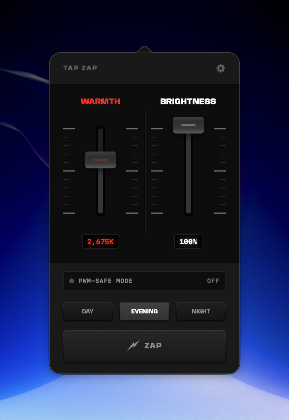 Tap Zap menu bar popover showing warmth and brightness sliders, PWM-Safe Mode toggle, and DAY/EVENING/NIGHT presets
