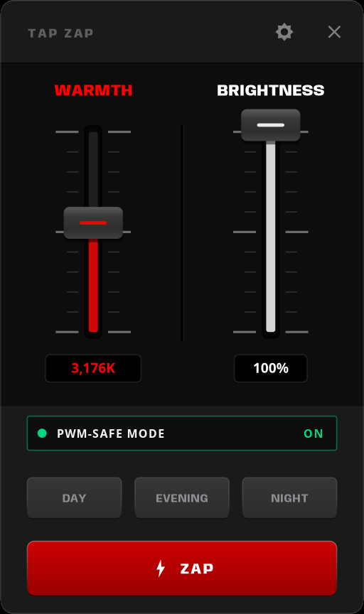 Tap Zap for Linux app showing warmth and brightness controls